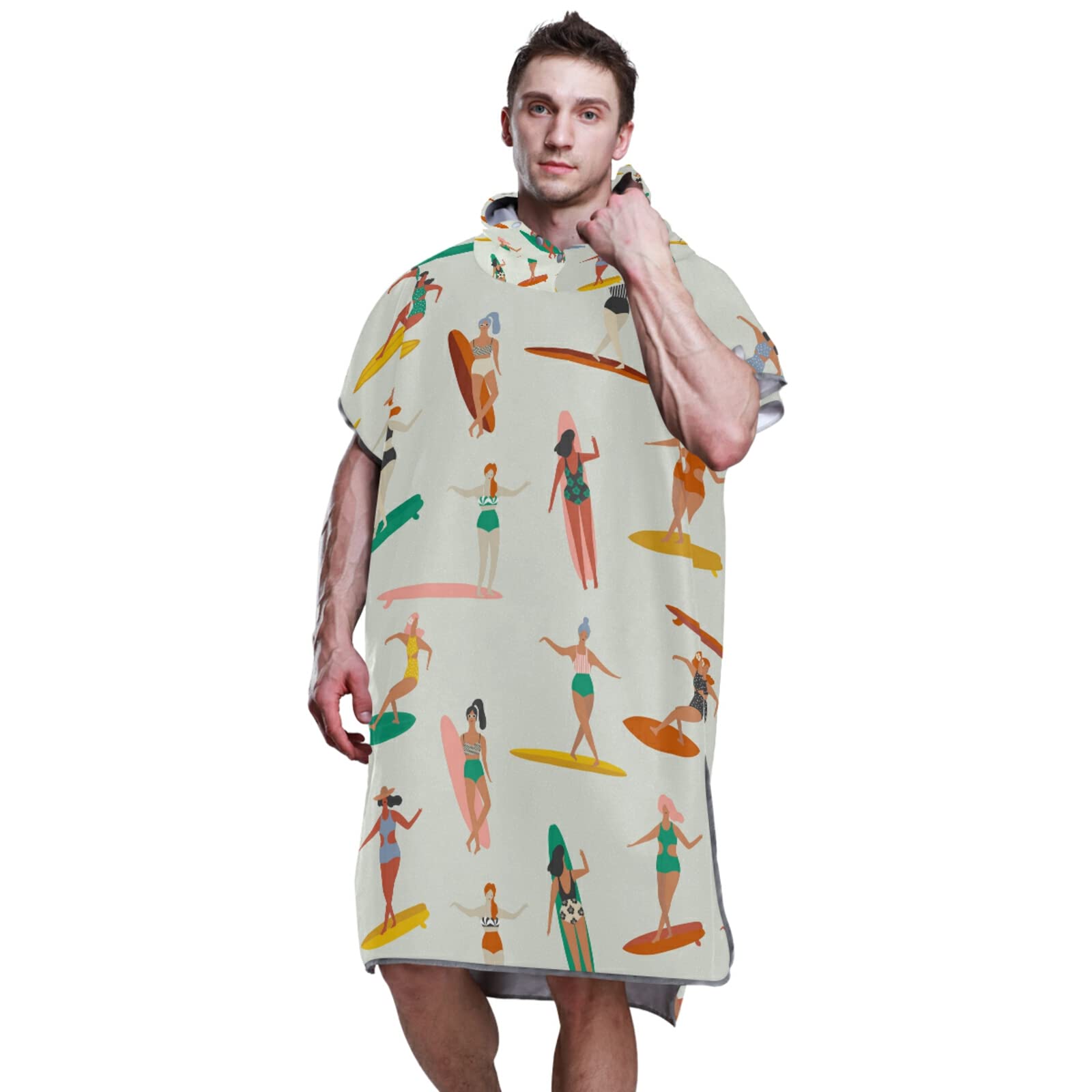 Mädchen Surfer in Bikinis Nahtloses Muster Erwachsene Surf Poncho Wickelmantel mit Kapuze und Tasche, schnell trocknender Bademantel, Mikrofaser-Handtuch-Neoprenanzug für Bad, Strand, Outdoor
