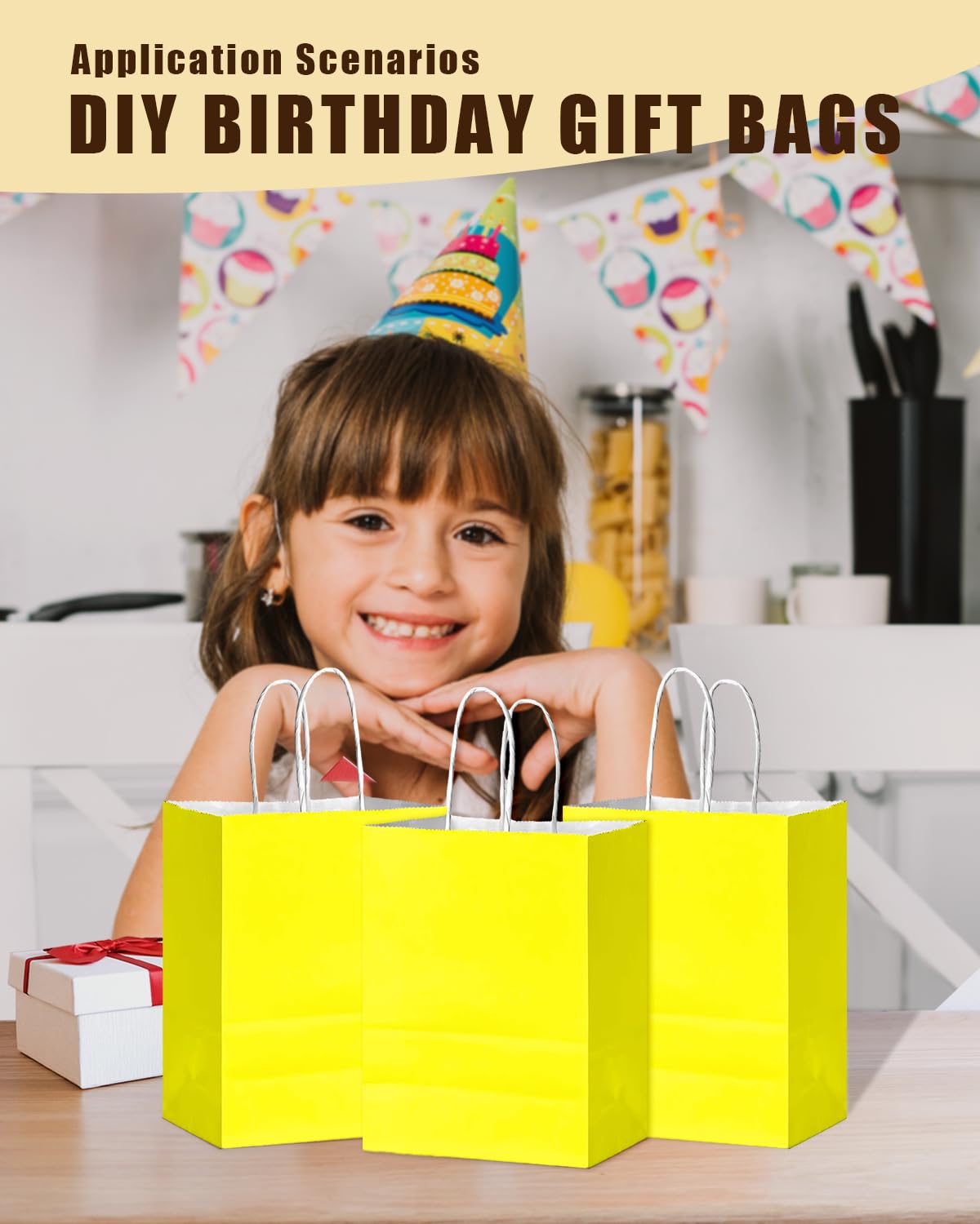 Bakepacker 24Pcs Paper Gift Bag with Handles Bulk Yellow Paper Bags Multiple Uses (8.3"x6"x3.15", Small Size)