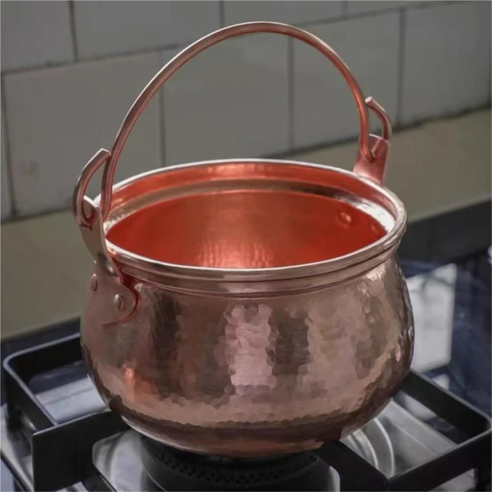 Hammered Kupfertopf Handgefertigter Vintage-Kupfertopf, tragbarer Camping-Topf mit Deckel, Kochutensilien for Köcheln von Speisen, 15 cm Hammerstruktur