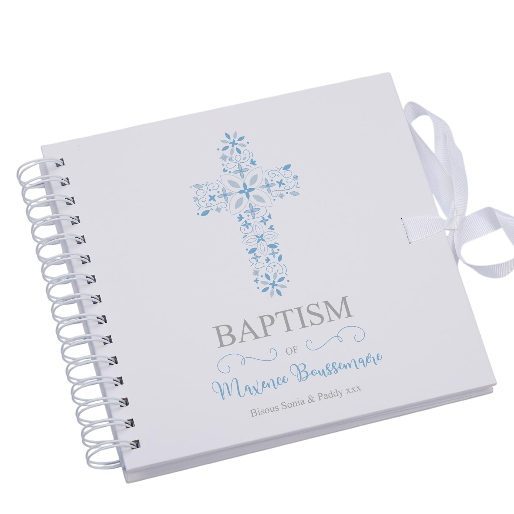 Ukgiftstoreonline White Personalised Baptism Blue Ornate Cross Design Scrapbook Photo Album