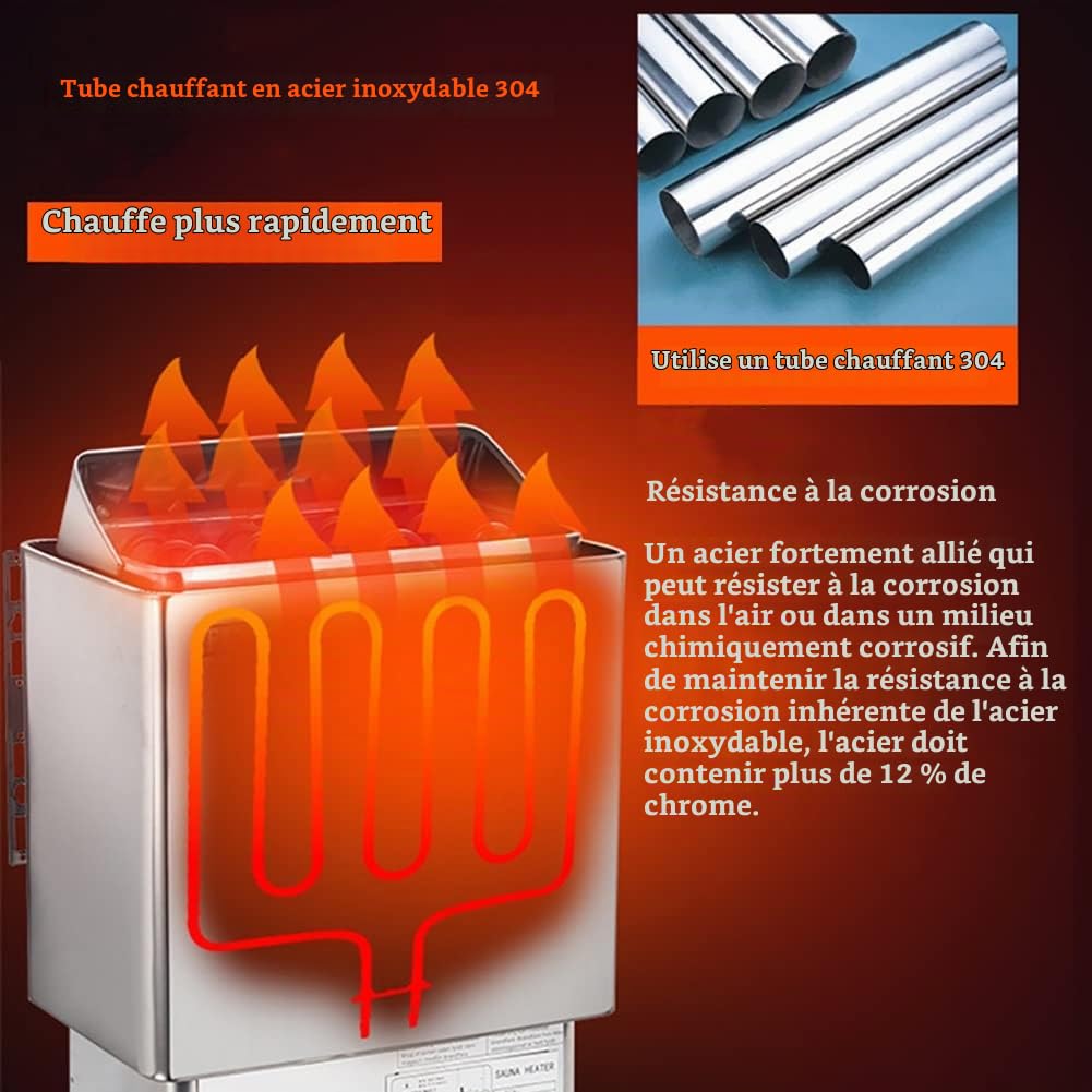 Poêle de Sauna 220V 3-9KW en Acier Inoxydable, Sauna Heater Sec avec Contrôleur Interne pour 2-13m³ Home Hotel Spa Douche Salle de Bains (Color : 6KW)
