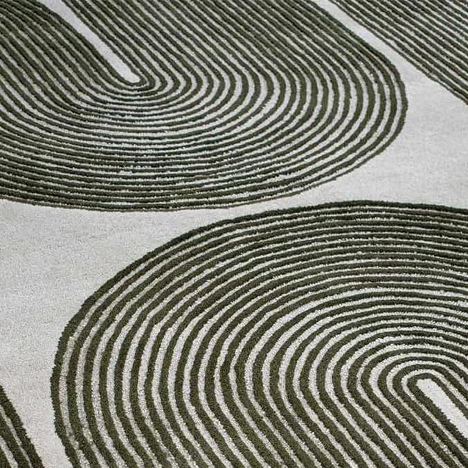 Image of Modern Handmade Wool Area Rug, Abstract Curved Line Geometric Carpet for Living Room Bedroom, Contemporary Tufted Indoor Rug with Soft Pile and Cotton Backing (Olive, 5' x 8')