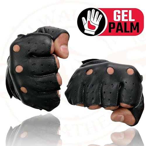 Miniatura 7 de Milwaukee Leather SH195 - Guantes de piel para hombre, color negro, perforados, con palma de gel acolchada, sin dedos, para motocicleta, con "Open
