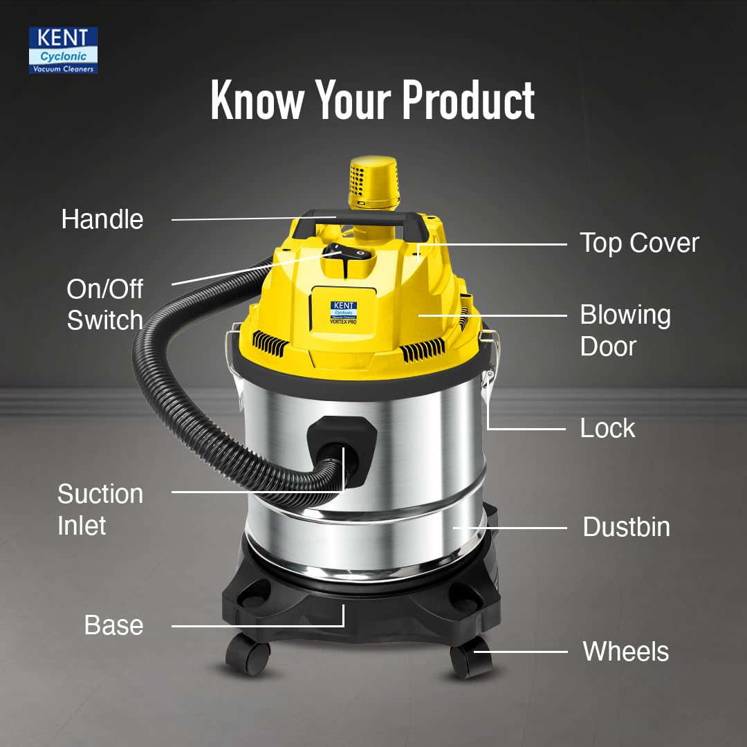 KENT Vortex Pro Wet & Dry Vacuum Cleaner | Blower Function | 1200W Power & 20L Capacity | High Suction 18 kPa | Cyclone5 Technology | HEPA Filter | SS Body & Rubberised Wheels | Black & Yellow 4