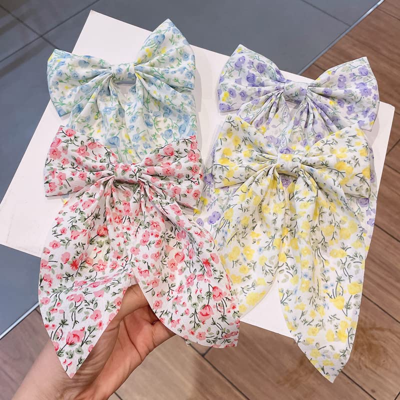 Chiffon Hair Bows for Women Girls,4 PCS Barrette Hair Clip Long Black Ribbon Bows French Style Hair Accessories for Summer (Pink,Yellow,Blue,Purple) - Image 7