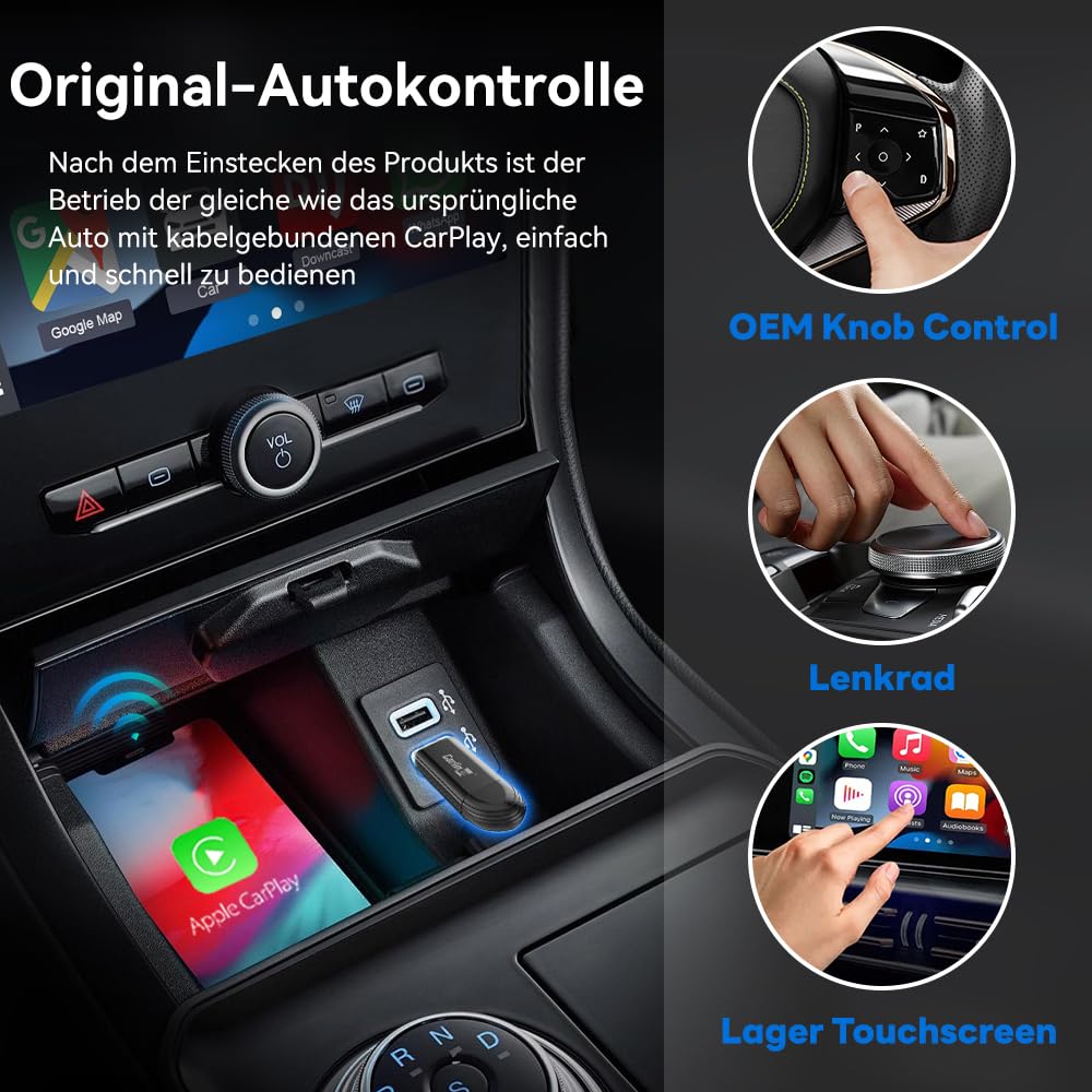Carlinkit MINI5 Wireless CarPlay Adapter, verwandelt das Originale kabelgebundene CarPlay Ihres Autos in EIN kabelloses System, kompakter und einfacher zu verstauen