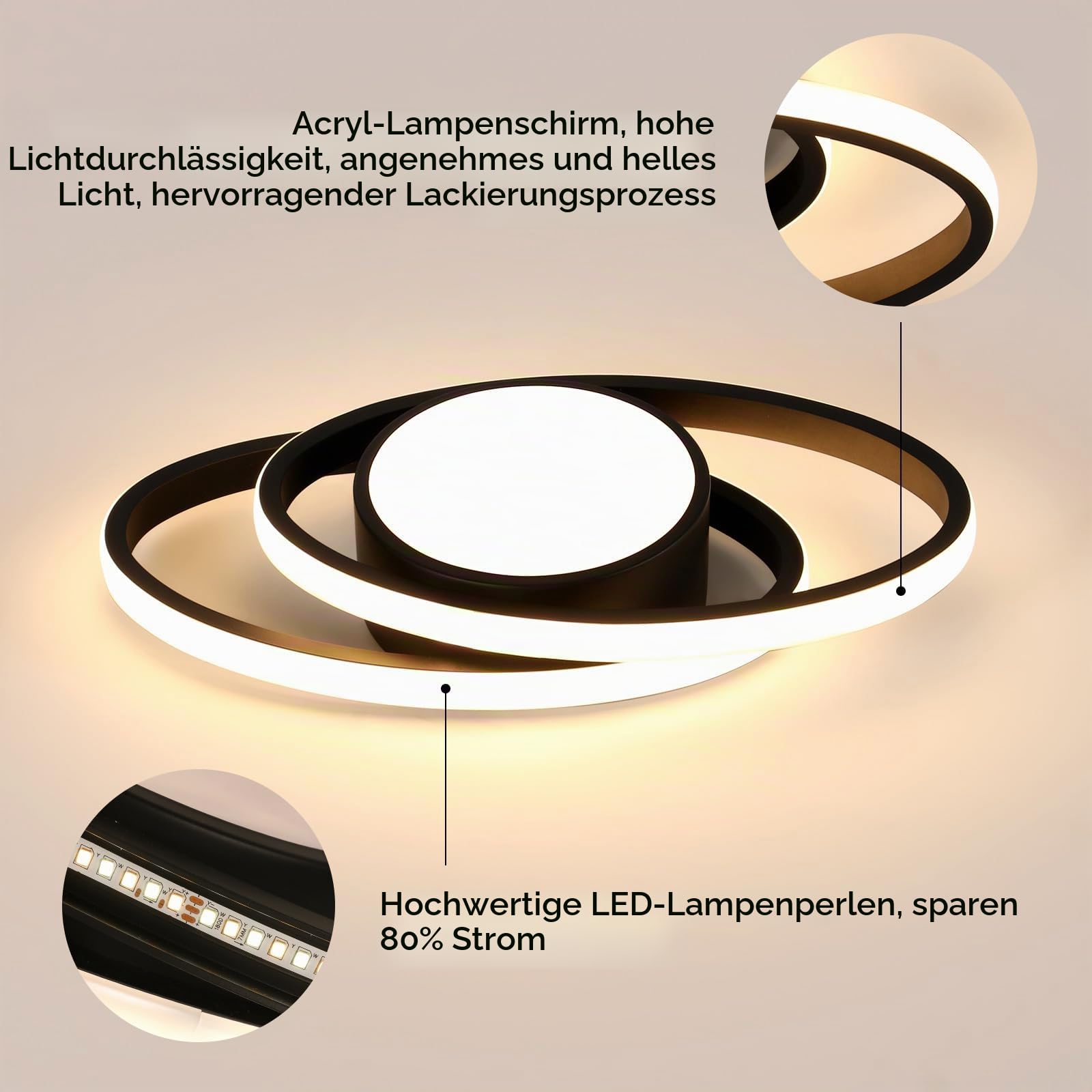 Deckenleuchte LED Dimmbar 39W 4387LM, Moderne LED Deckenlampe Schwarz mit Fernbedienung, Rund Deckenbeleuchtung Wohnzimmer 3000K-6500K für Schlafzimmer Küche Badezimmer, 38.5CM