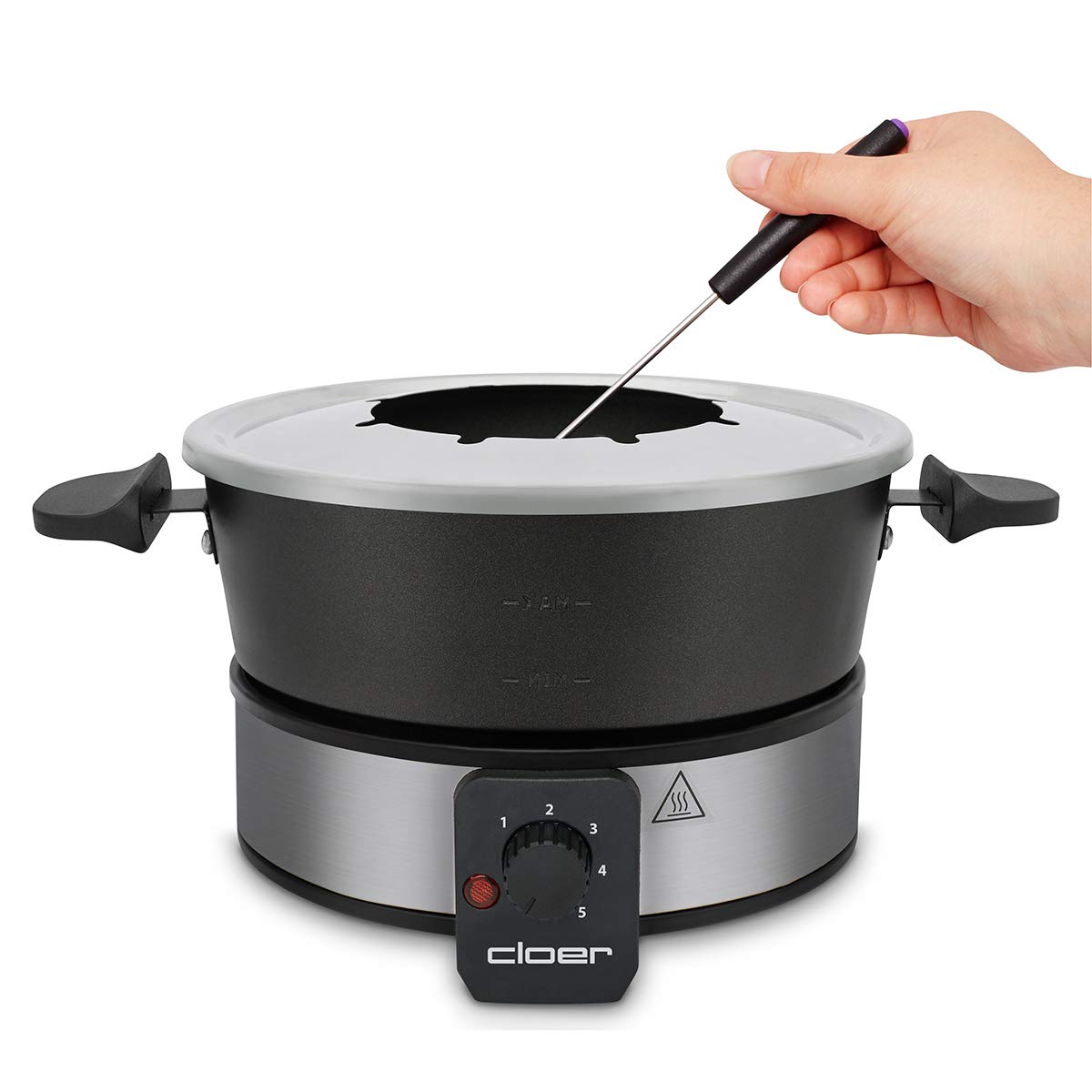 Cloer 6679 Fondues électriques jusqu'à 8 personnes, pot en aluminium revêtu, protection anti-éclaboussures amovible, 8 fourchettes colorées, 1.5 litres, 1000 W, argent, noir