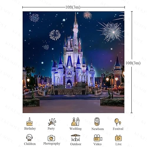 Miniatura 2 de Telón de fondo de castillo de princesa azul de 10 x 10 pies para jardín, espectáculo de fuegos artificiales, escena de noche estrellada, fondo para