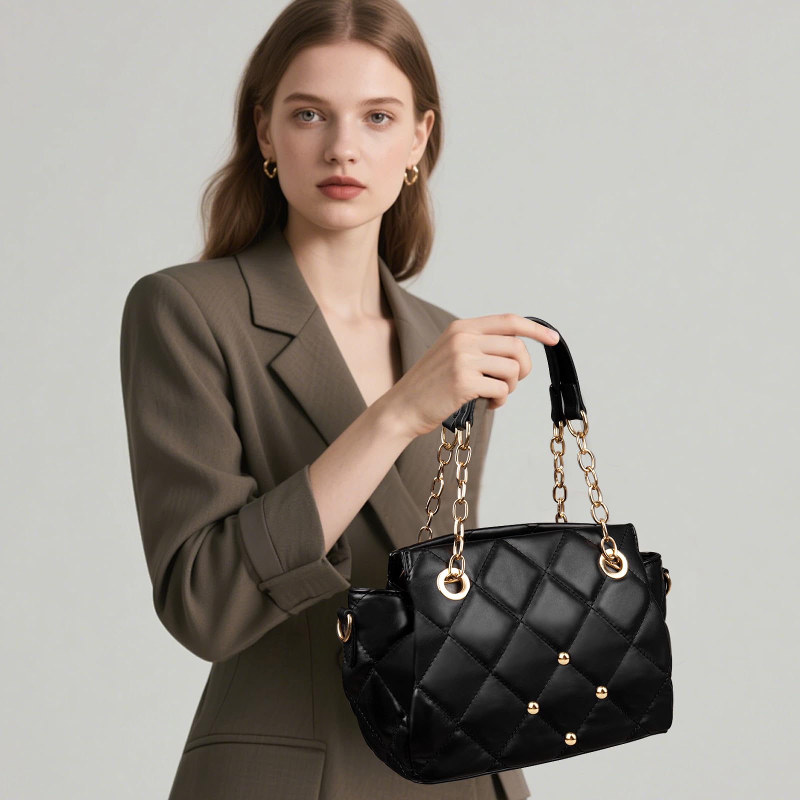 Quilted Crossbody Bags for Women Trendy Vegan Leather Purses and Handbags Designer Ladies Top Handle Satchel Purses with Strap Black