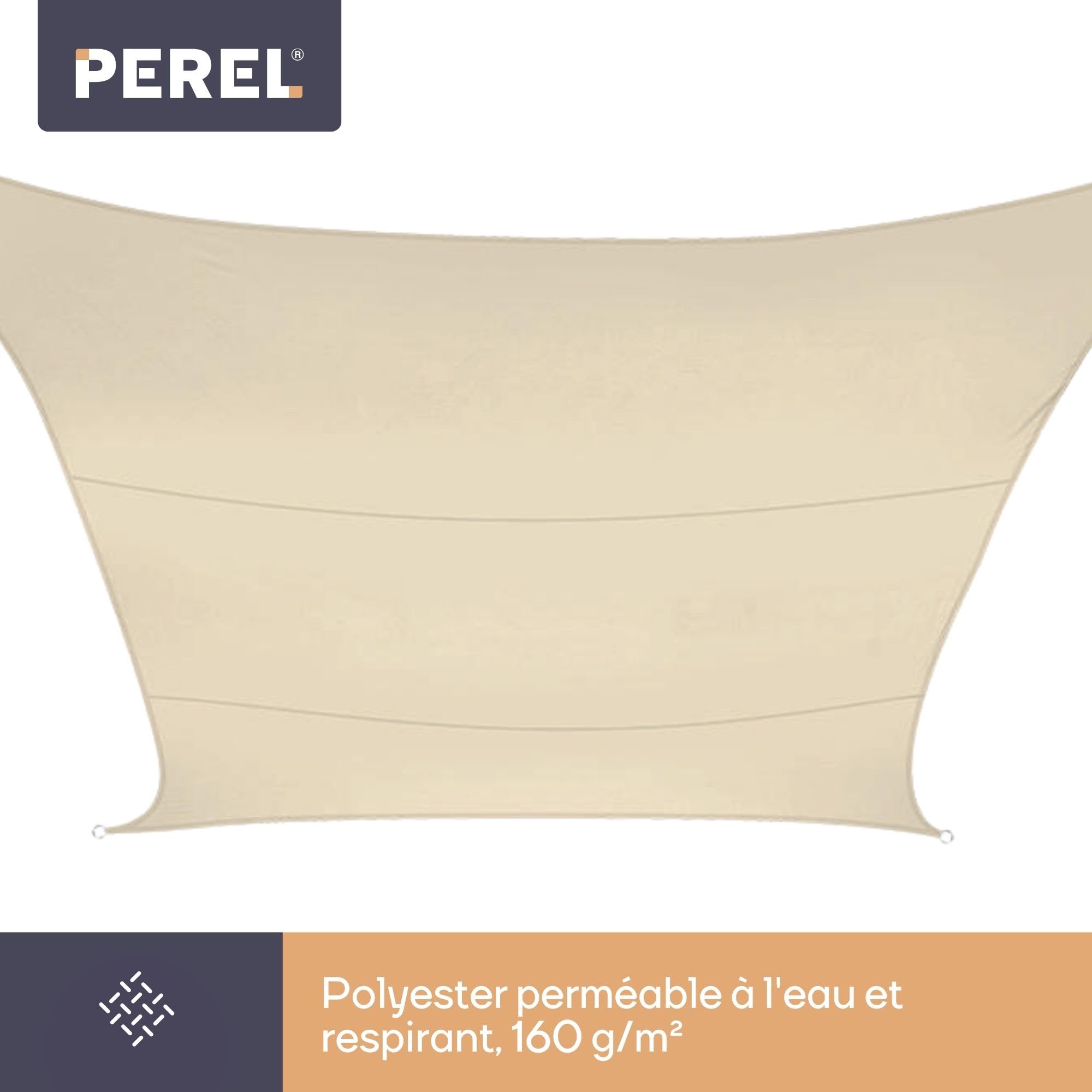 Perel Voile d’ombrage 3.6 x 3.6 m, Carree pour Jardin et terrasse, Polyester deperlant 160 g/m2, Protection UV 90%, Toile Respirante avec Anneaux en Acier Inoxydable, Creme