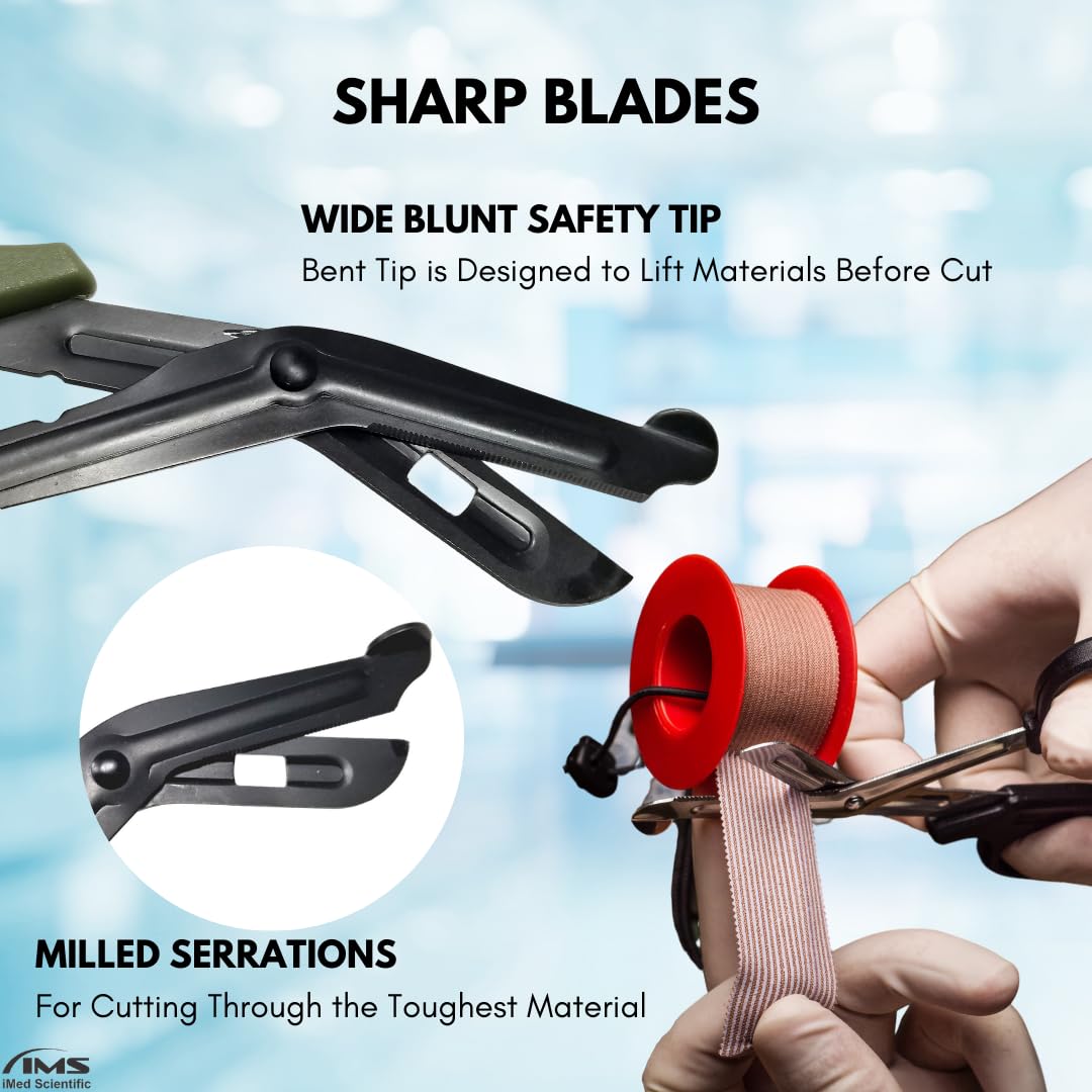 EMT 7.5” Trauma Shears with Carabiner Stainless Steel Large Bandage Scissors with Nonstick Fluoride Coating for Veterinary Technicians, Nurses, Paramedics, Emergency First Aid Kits (Green Handle)