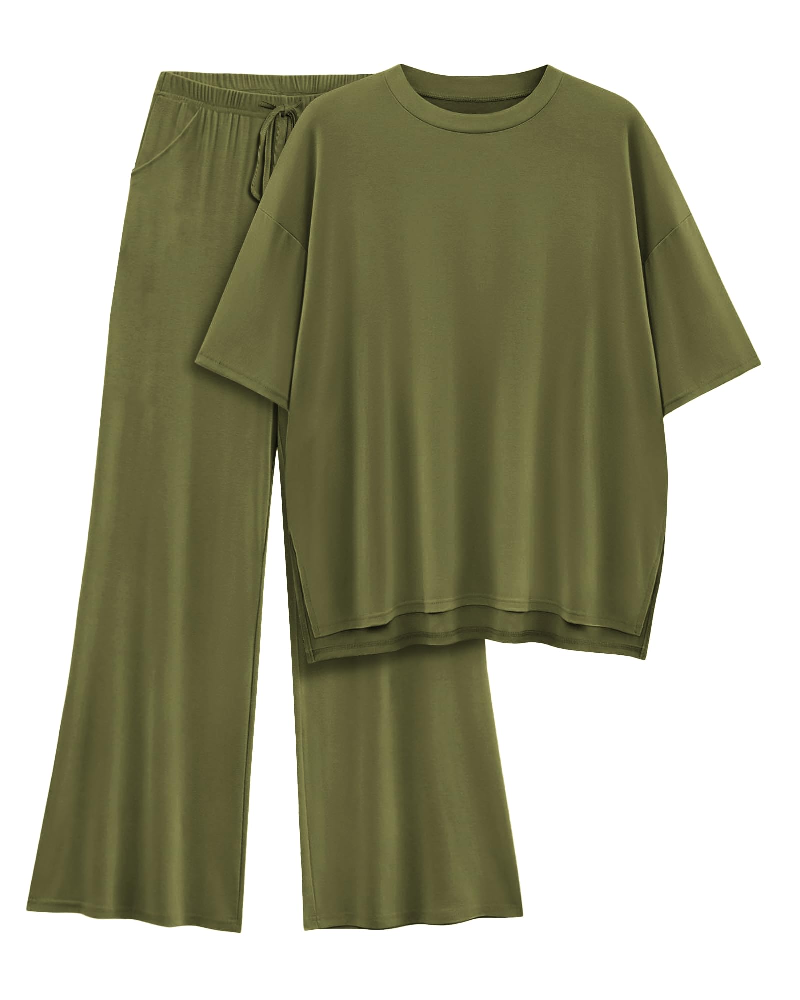 AmazingStar Womens Lounge Set 2026 Summer 2 Piece Outfits Oversized Short Sleeve Tops & Wide Leg Pant Matching Sets Clothing