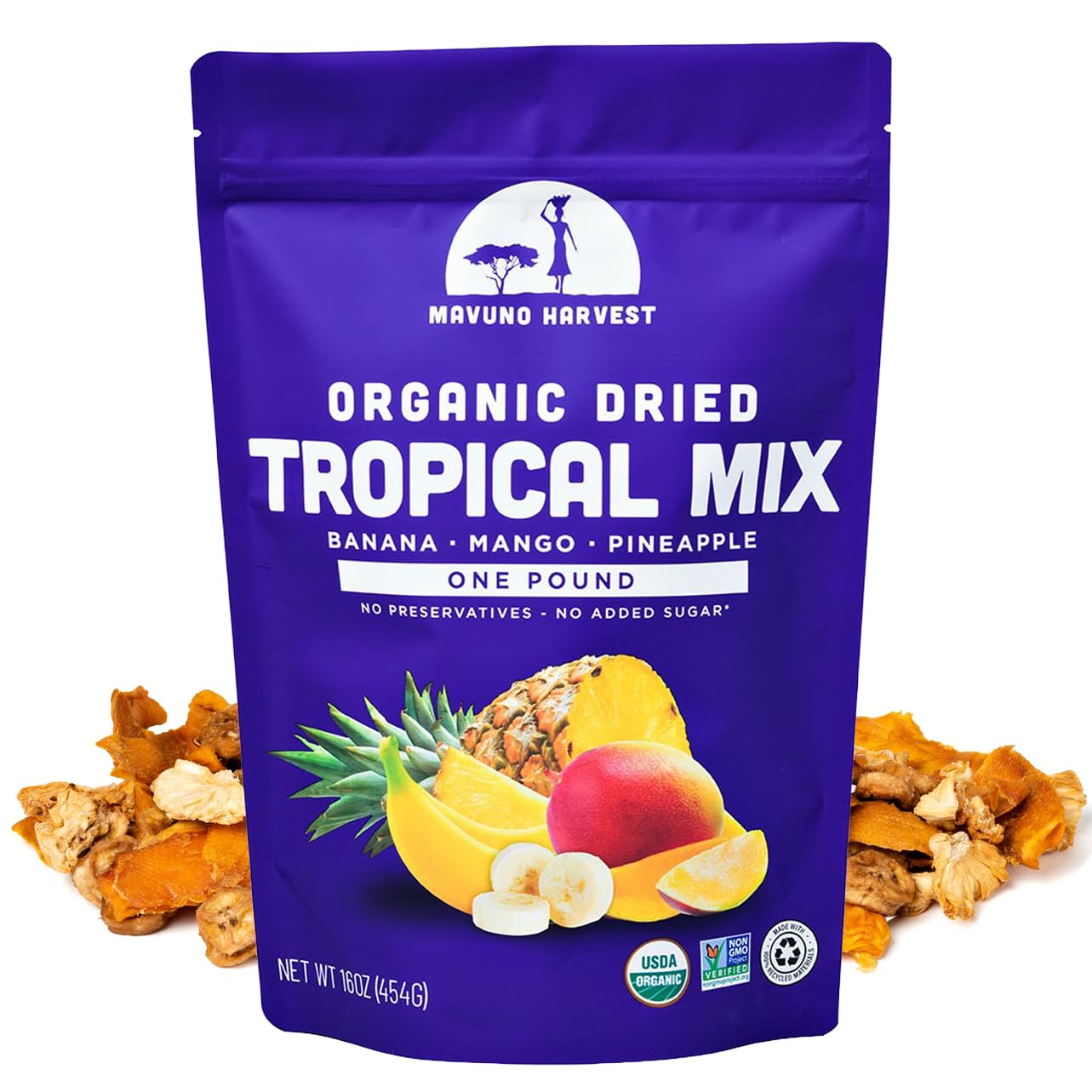 Mavuno Harvest Tropical Mix Dried Fruit Snack | Unsweetened Organic Mixed Dried Fruit | Gluten Free Healthy Snacks for Kids and Adults | No Sugar Added, Vegan, Non GMO | 1 Pound Resealable Bag