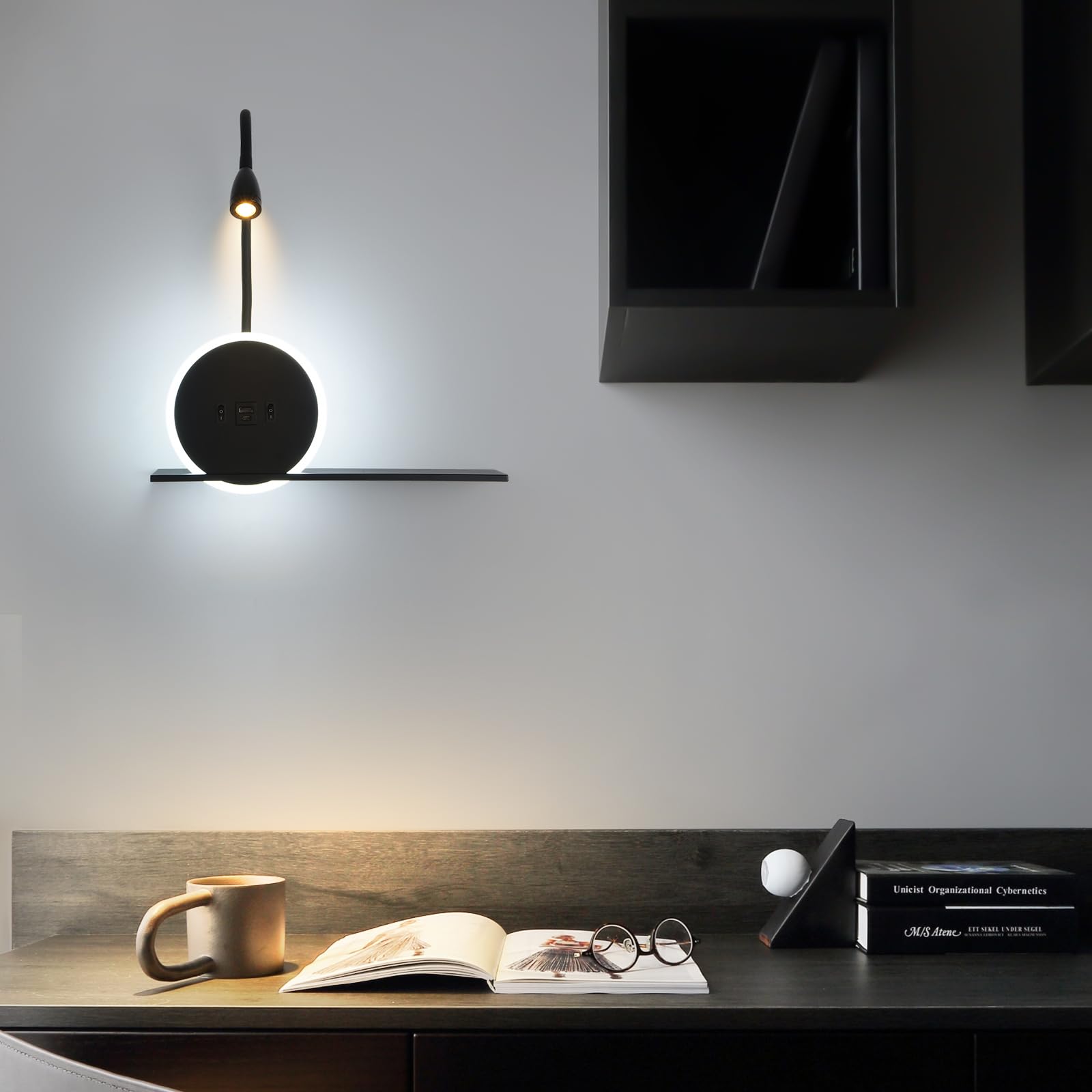 SANSHI Leselampe 2 Stück,Schwenkbar Nachttischlampe mit Schalter,Schwarz | wand Leselicht,USB + TYPE C Ladeanschluss Wandleuchte,3W 3000K + 9W 6000K Beleuchtung,Schlafzimmer Hotels Bettlampe