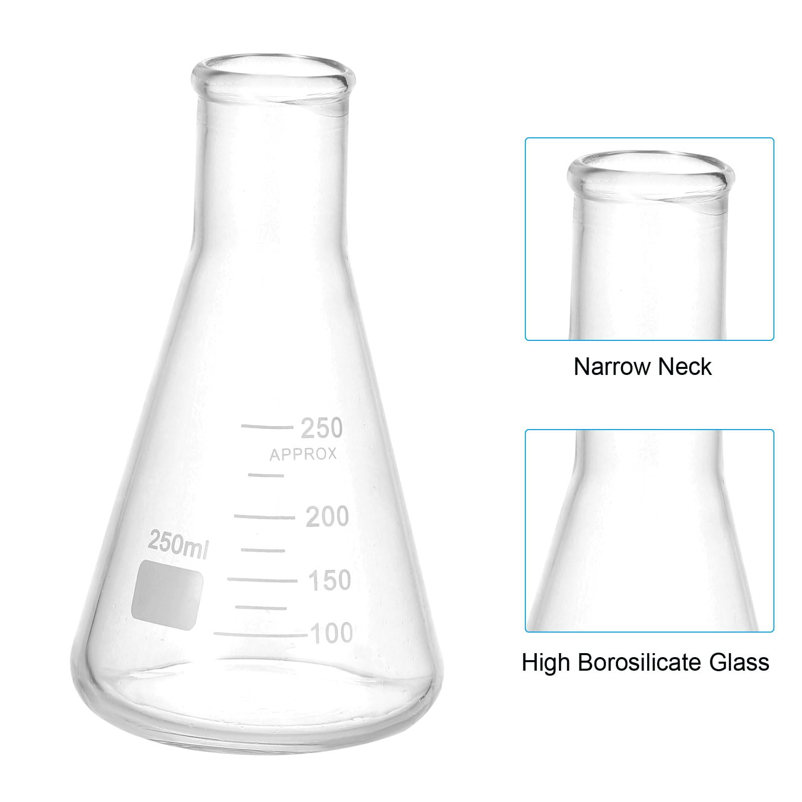 PATIKIL Matraz Erlenmeyer, 5 Pcs Matraces Graduados De Boca Estrecha 1000ml 500ml 250ml 150ml 50ml Vidrio Borosilicato Con Escala Impresa Para Experimentos Química Estudio Científico