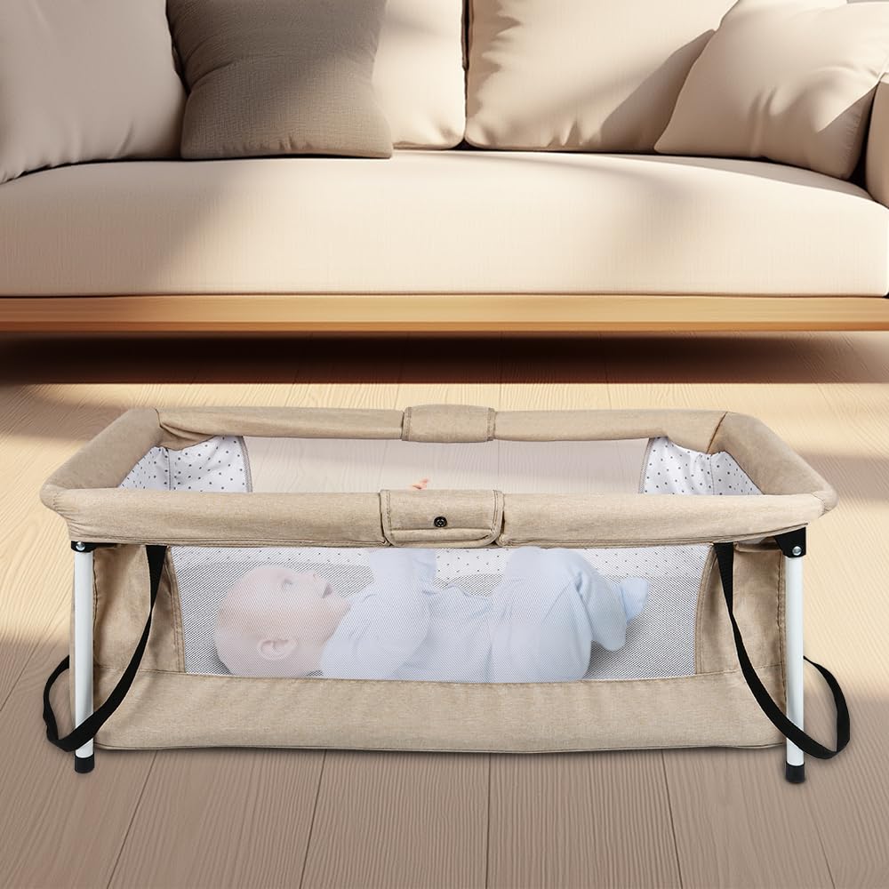 OHMG Lettino da viaggio pieghevole con zanzariera, materasso e giocattolo, lettino traspirante per interni ed esterni, lettino nomade per bambini, culla in vimini