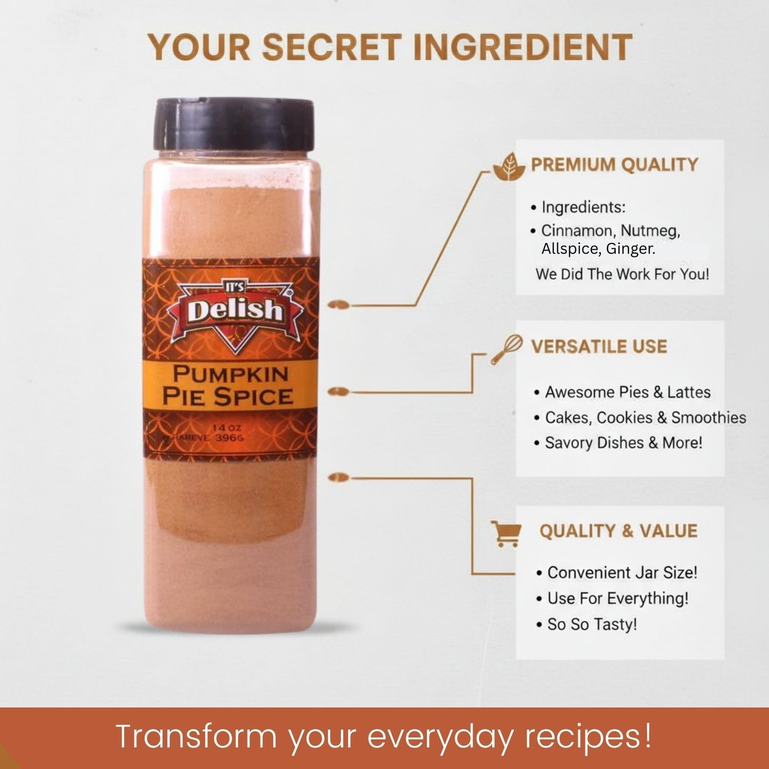 Gourmet Pumpkin Pie Spice Powder by It's Delish, 14 Oz Large Jar | Awesome Pumkin and Apple Pies Seasoning | Coffee Latte Tea Holiday Baking | Blend of Cinnamon, Nutmeg, Allspice, Ginger | Kosher