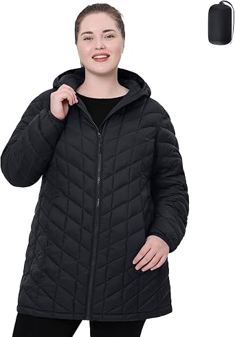 Plus Size Packable Puffer Jacket,Womens 1X-6X Water-Resistant Lightweight Hooded Winter Coat Exclusively for Plus Size