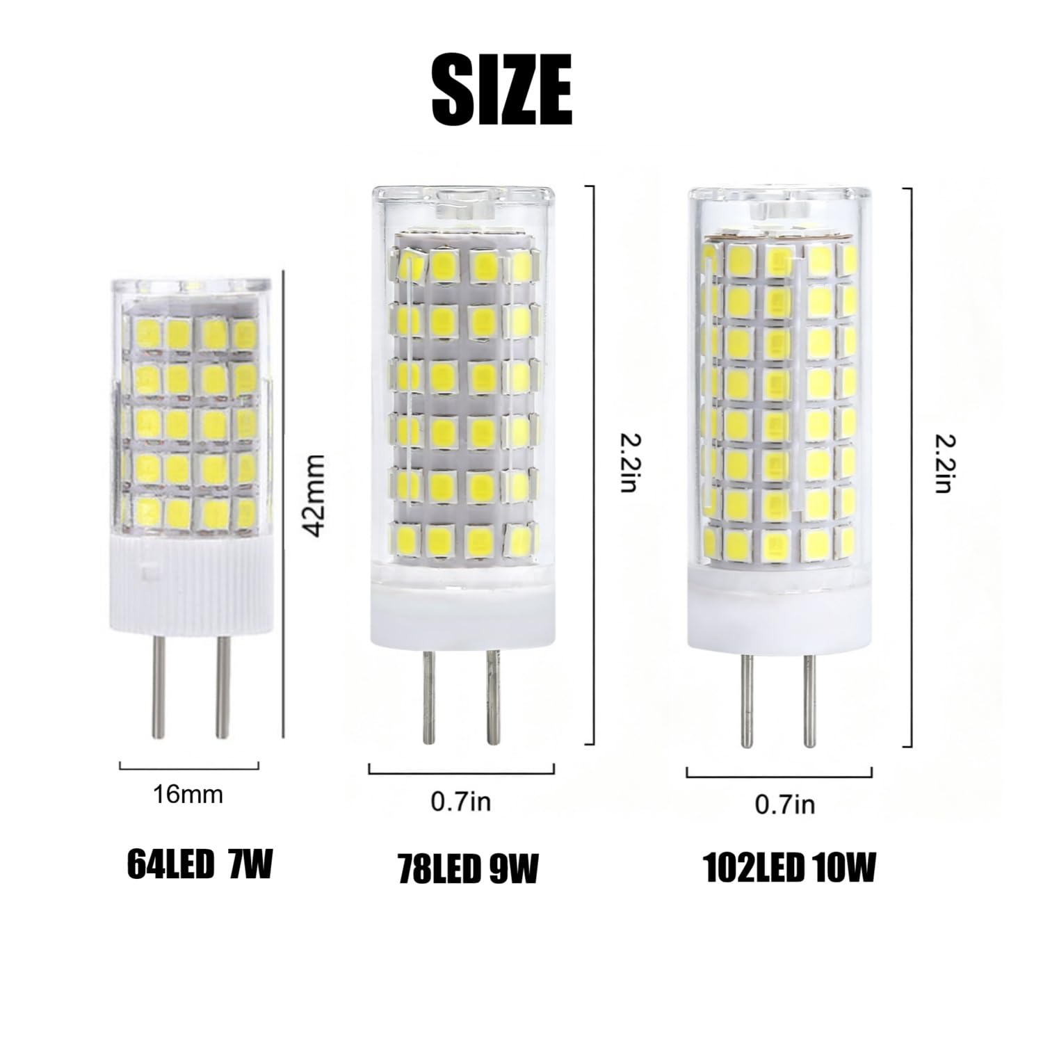 6 bombillas LED G4 regulables, bombilla de maíz de cerámica de dos pines con 64-102 LED. (110v- 7w/Blanco 6500K)