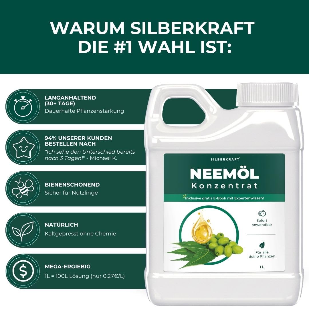 Silberkraft Neemöl 1000 ml mit Emulgator - kaltgepresst & vorgemischt - Ergibt 100 L sprühfertiges Neem-Öl Spray - Niemöl zur Pflanzenpflege für drinnen & draußen