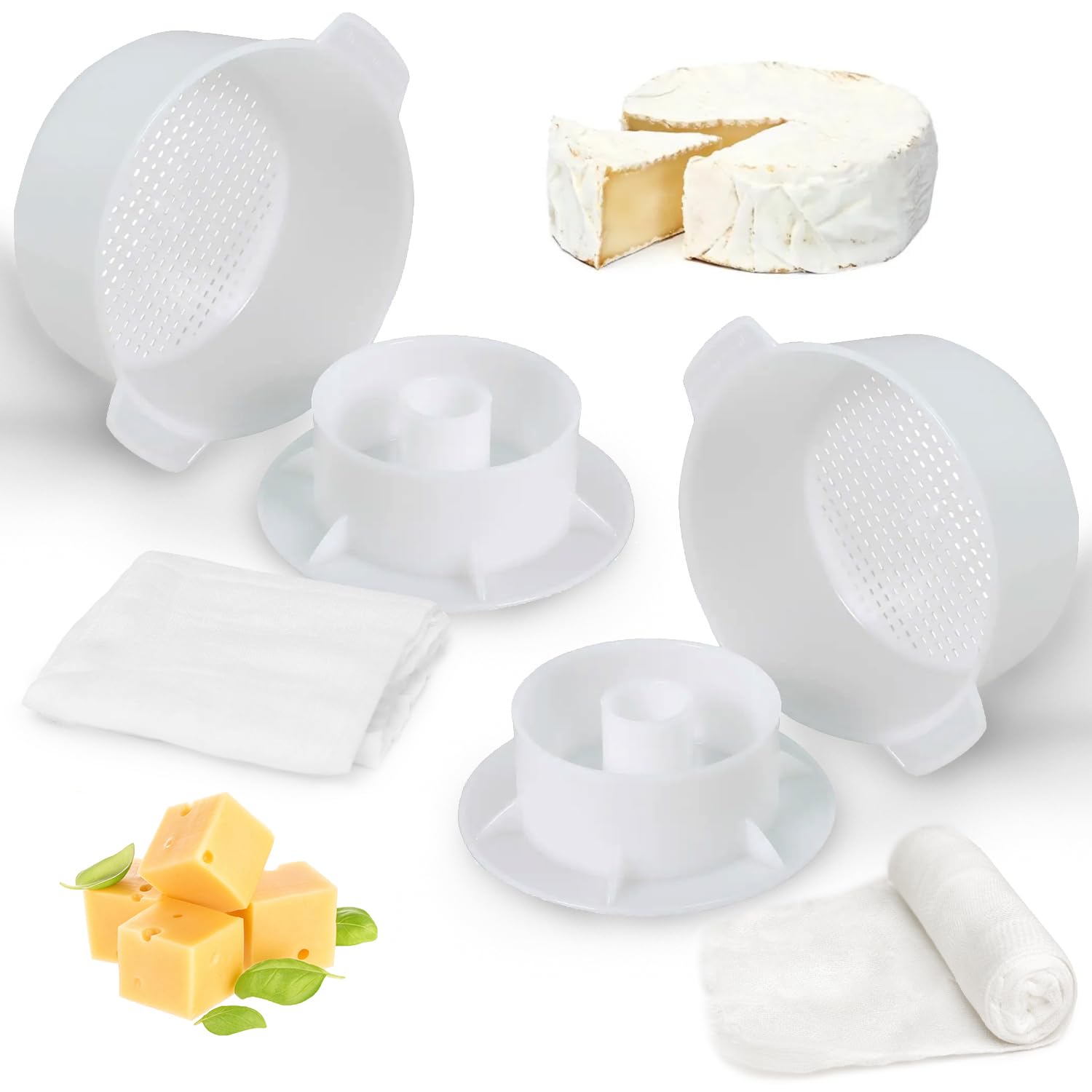 Lot de 2 moules à fromage 1,2 l avec piston et gaze de coton, panier à fromages, kit de fromagerie