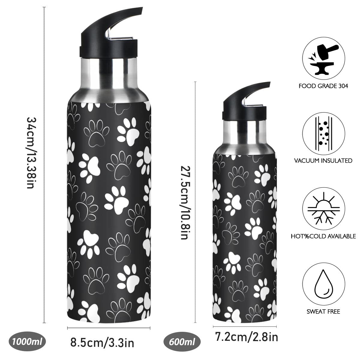 Edelstahl Wasserflasche mit Strohhalm, Pfotenabdruck isolierte Trinkflasche Sport Wasserflasche für Kinder Erwachsene, auslaufsicher, 1L