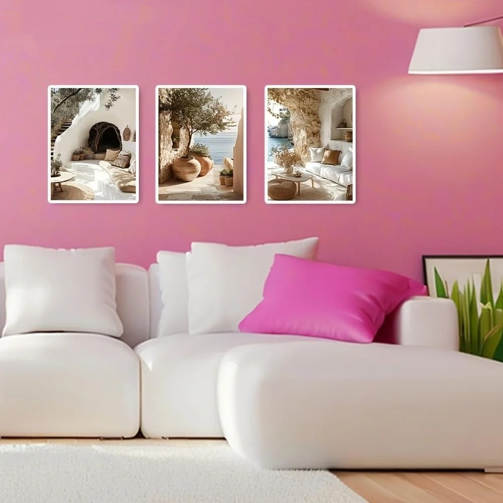 SDVIB Mediterranean Architecture, Greek Island Seaside Stone House Landscape Wall Art, Canvas Art Prints, for Home Decor(50x70cm/3PCS Frameless)