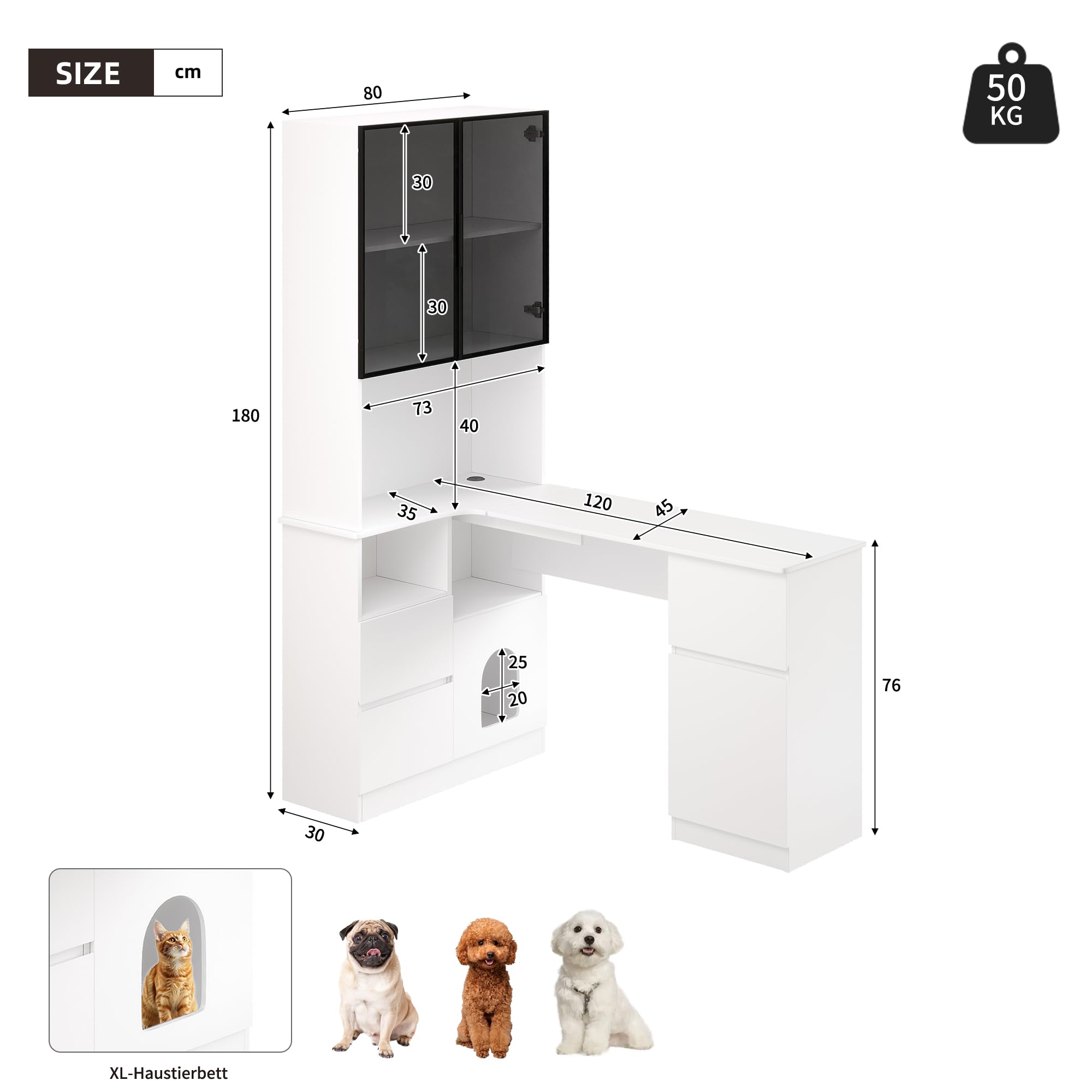 Scrivania angolare con ripiano e vetrina a LED, 120 x 80 x 180 cm, scrivania per computer con passacavi, 3 cassetti e 2 ante, libreria con scomparti aperti e scomparto per animali domestici, per casa