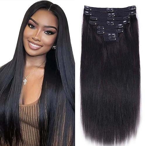 Nvnvdij Extensiones de cabello humano lacio con clip 8 piezas por juego con 18 clips de doble trama extensiones de cabello humano virgen brasileño