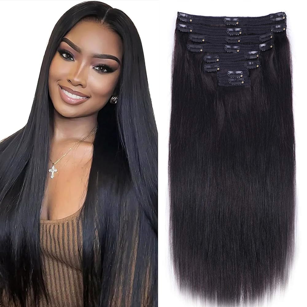 Nvnvdij Straight Clip in Hair Extensions Human Hair 8pcs Per Set with 18Clips Double Weft Clip in Human Hair Extensions Natural Black Color For Women (14 Inch, Straight Hair)
