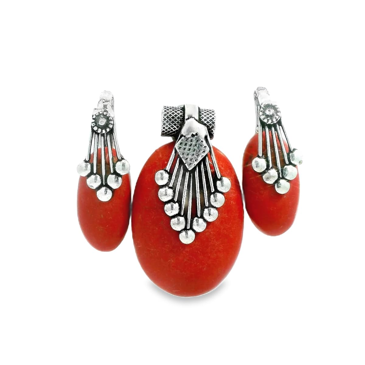 Red Jasper Gemstone Pendant & Earring Set In Oxidised Silver Plating For Girls & Women GP-5300 (Red)-image-40