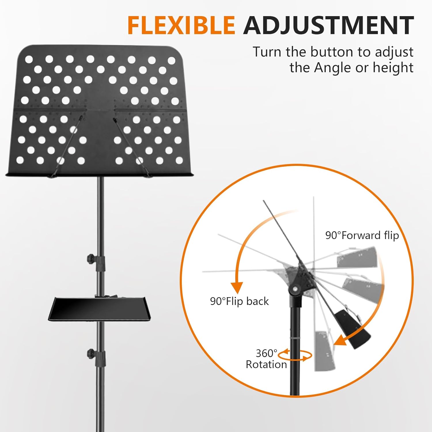 Metal Music Stand with Lights, featuring dual-headed lights, high stability, adjustable height, and comes with a carrying case (27.56-59.06 inches).