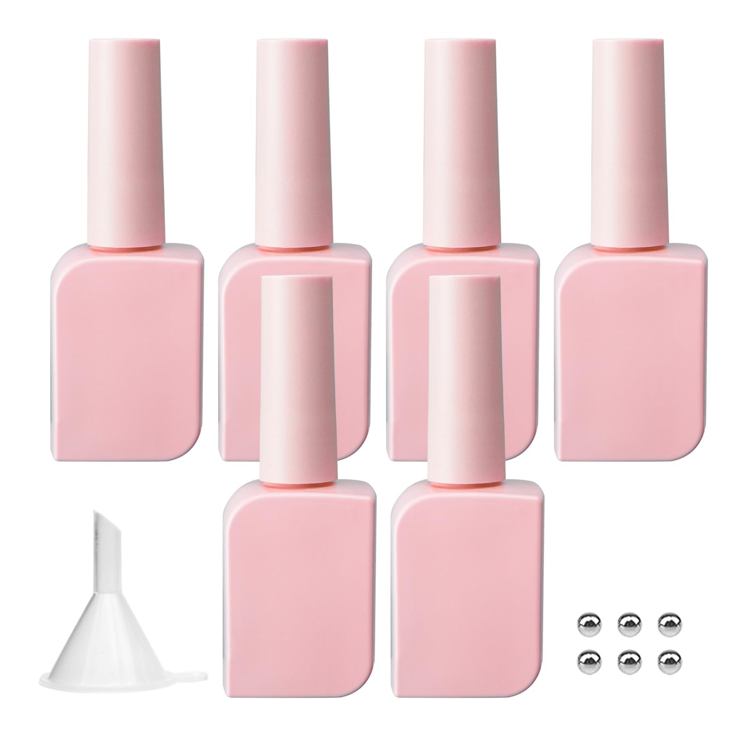 Agidea 6PCS Glass Gel Nail Polish Bottles Pink, UV Safe Opaque Empty Refillable Nail Varnish Vials Containers with Brush Cap & Funnel & Mixing Balls