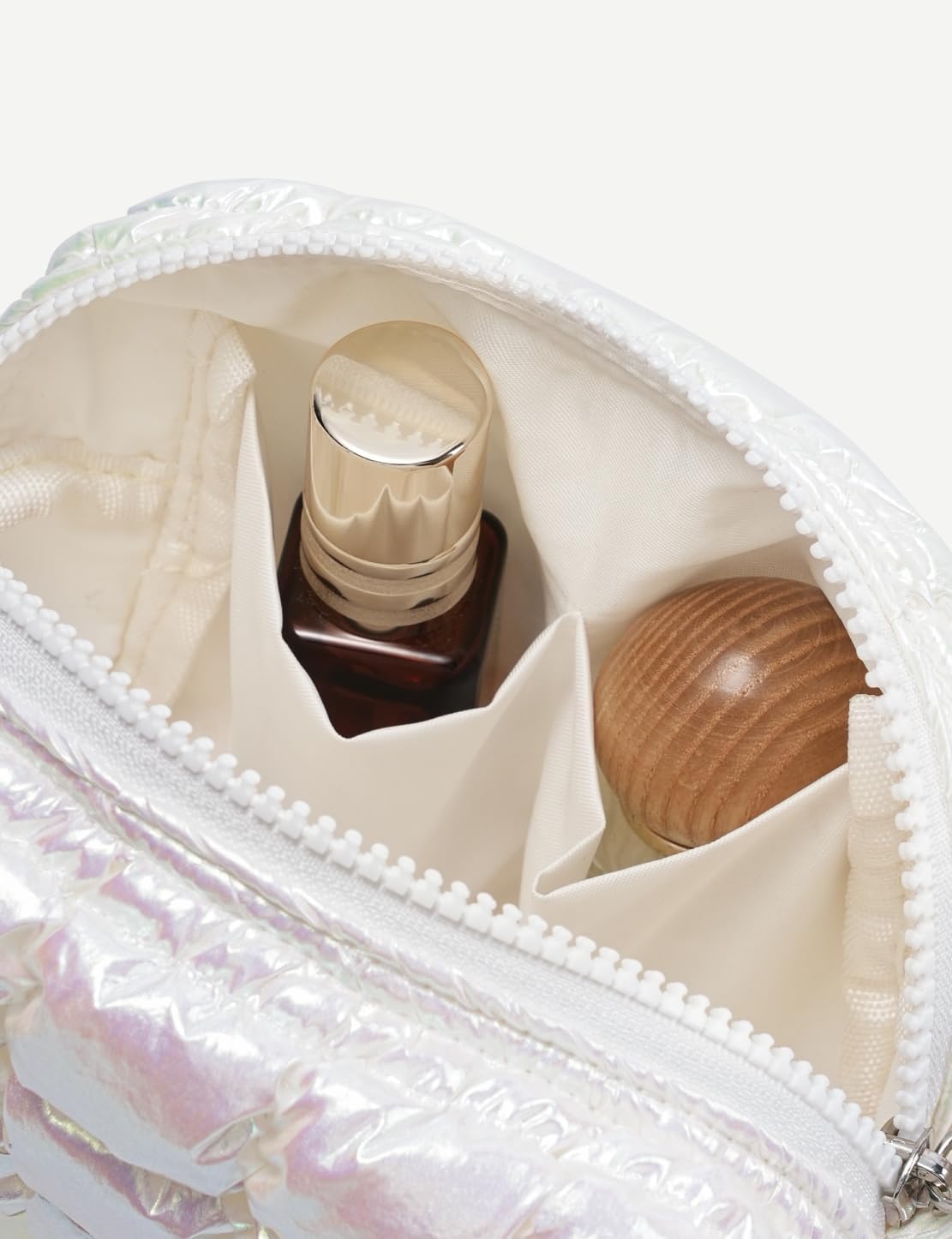 Yarnic Quilted Makeup Bag Cosmetic Bag, Travel Toiletry Bag for Women, Cute Makeup Bag Organizer Puffer Makeup Pouch (Iridescent White, S) - Image 5
