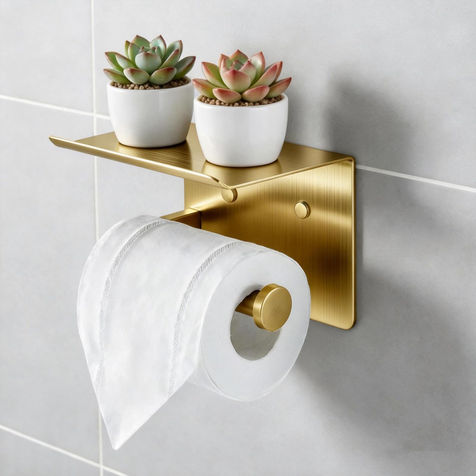 DIYZON Toilet Paper Holder with Shelf, Heavy-Duty Stainless Steel Bathroom Hardware, Self-Adhesive No-Drill/Drill-Mount Wall-Mounted Roll Holder, Rust-Proof Bathroom Tissue Rack (Gold)