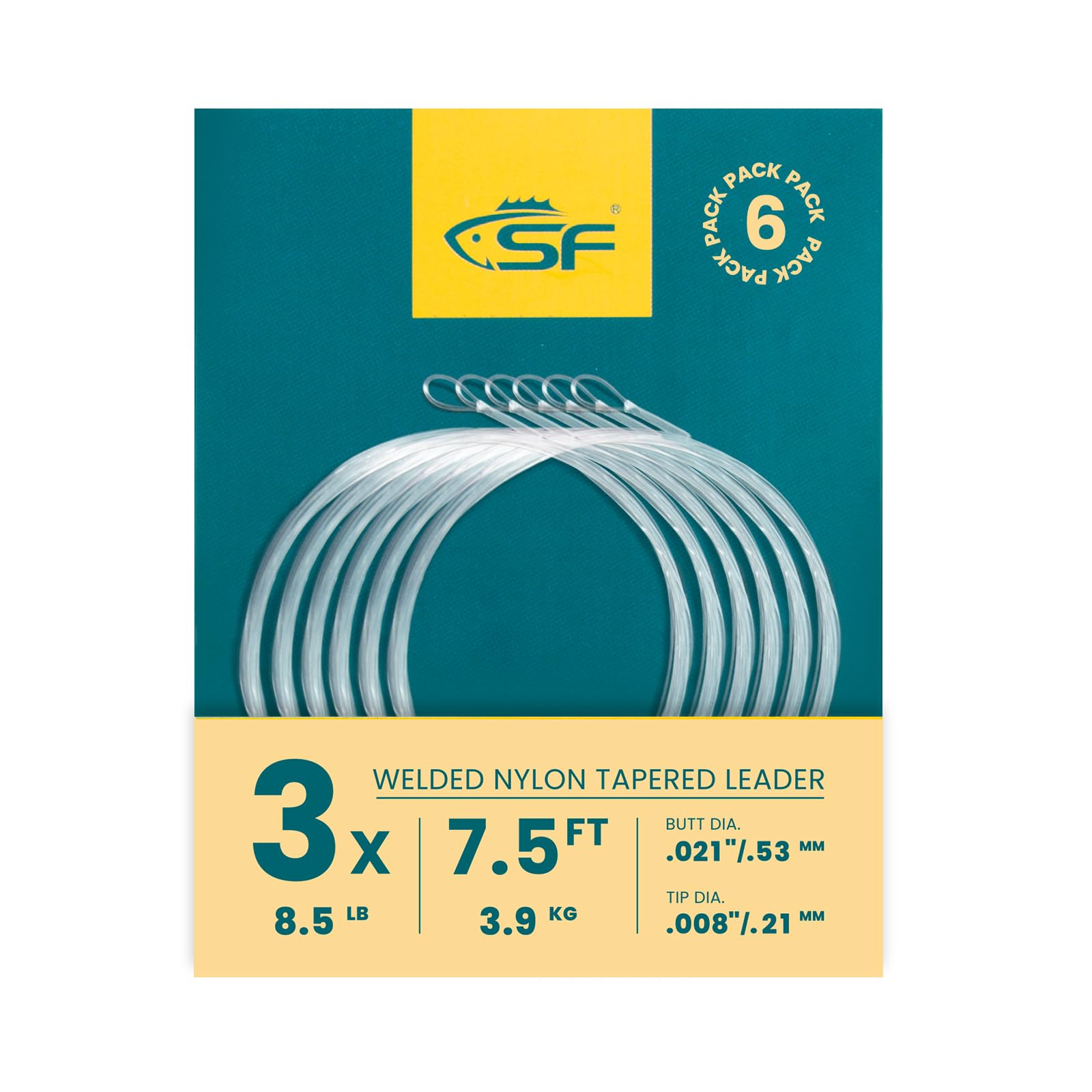 SF Welded Tapered Leader Fly Fishing with Loop Nylon 7.5ft Fishing Leader (3X 6 Pack)