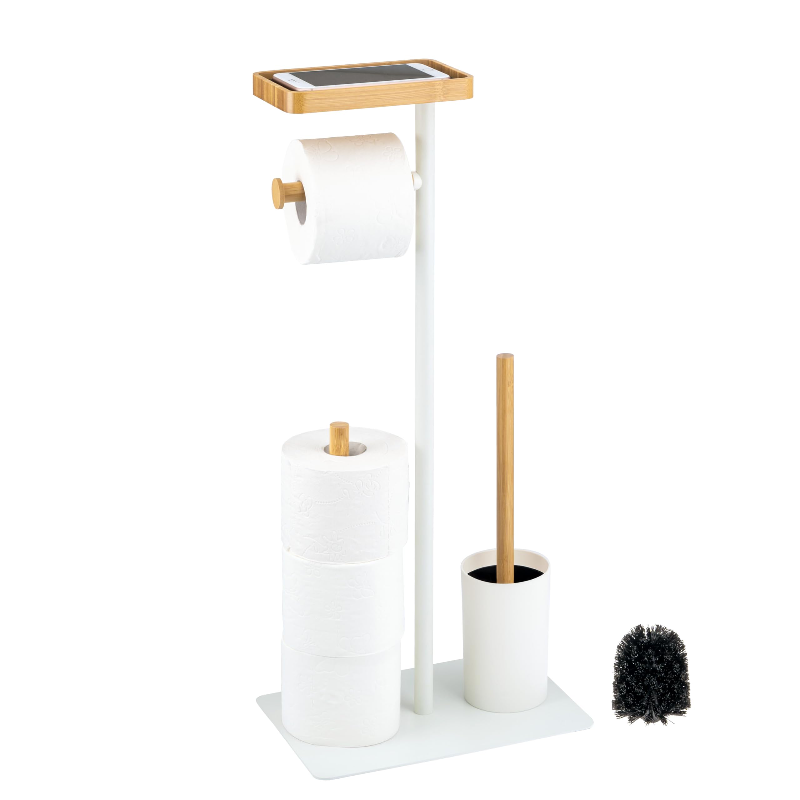 eluno Set per WC 4 in 1, scopino per WC, porta rotolo, ripiano, bambù/metallo (Bianco)