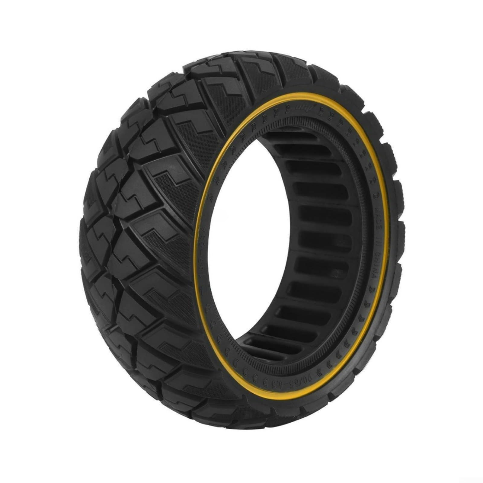 Pneumatico solido per scooter 90/65-6,5 pollici con battistrada diamantato per uso fuoristrada, a prova di foratura per struttura a nido d'ape, design antiscivolo a strisce gialle