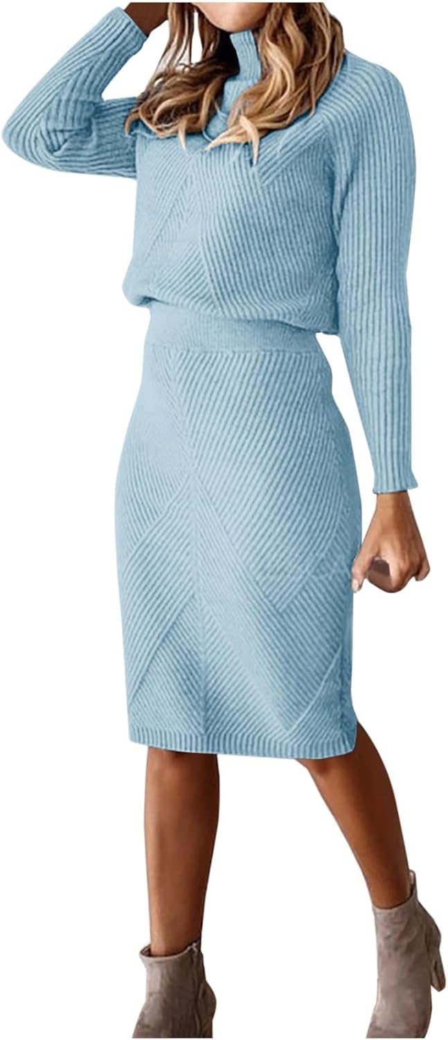 Women's Long Sleeve Sweater Dresses 2 Piece Outfits Sets Fashion Ribbed Knit Tops and Bodycon Midi Skirt Dress Suit