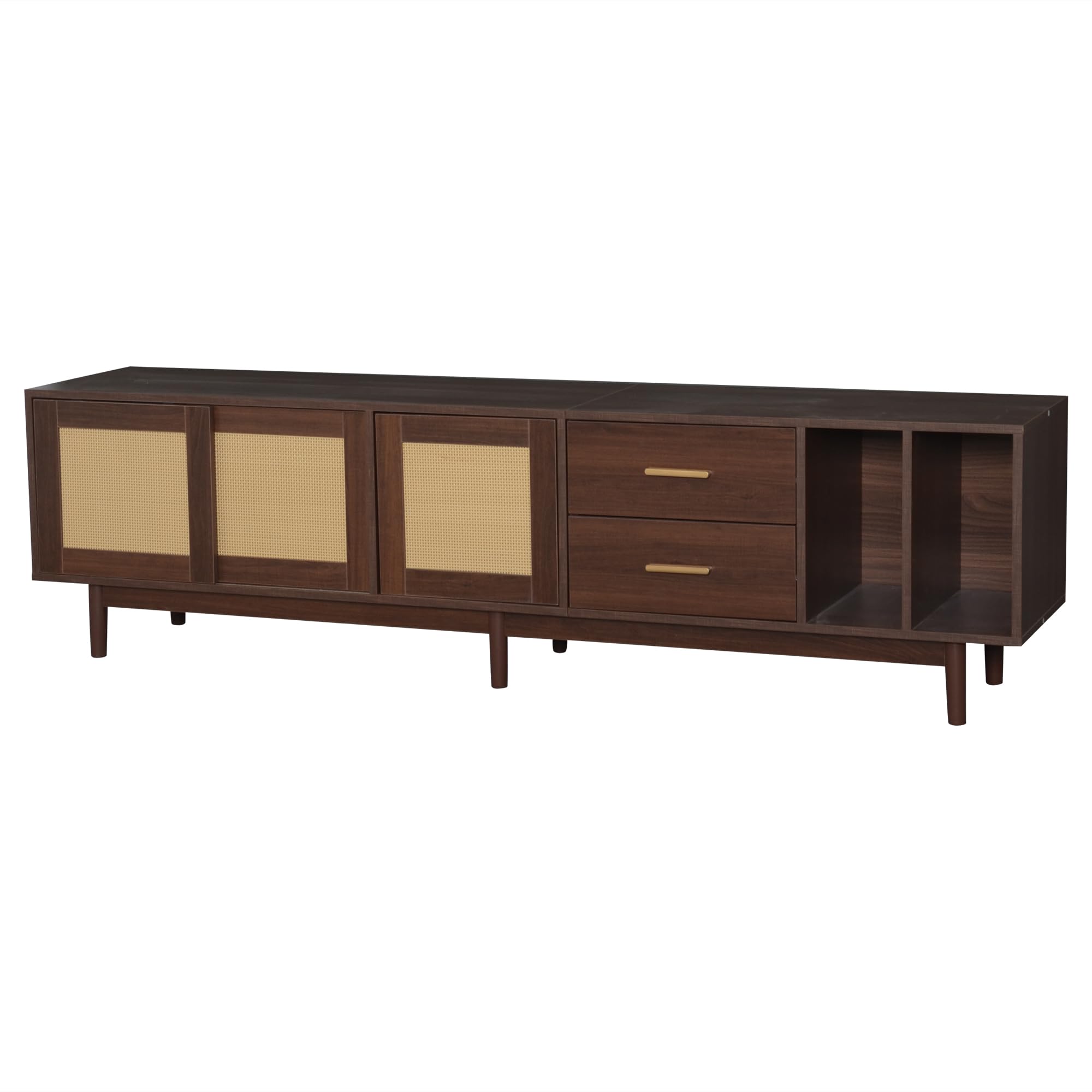Merax Meuble TV Bas 190 cm pour TV 75 Pouces avec 3 Portes en rotin PE et 2 tiroirs, Buffet TV Design avec 2 Compartiments Ouverts, 6 Pieds Stables – 190x40x52 cm