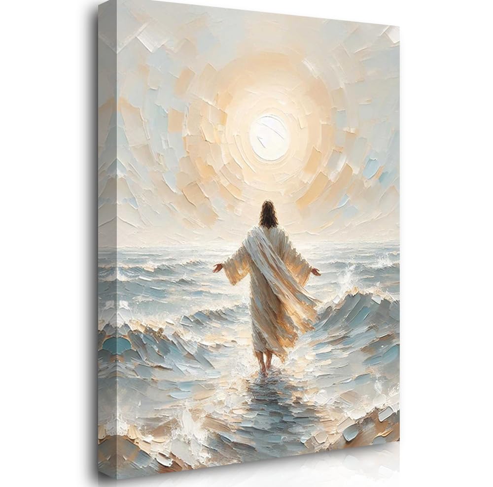 Reateforin Christian Wall Decor A New Day, A New Miracle Christian Faith Art Jesus Christ Walking on Water Pictures LDS Art Jesus Wall Decor Religious Bible Verse Paintings for Church Bedroom 16"X24" — image 1