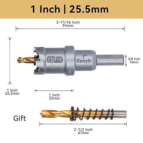 Miniatura 2 de Sierra perforadora con punta de carburo de tungsteno de 1 pulgada (1.004 in) con 2 brocas piloto chapadas en titanio para metal duro, acero