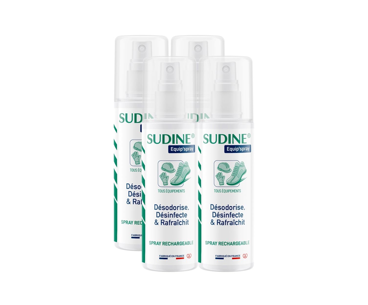 Lot de 4 - Sudine Equip’spray - Désodorise, désinfecte, rafraichit - Chaussures, casques, gants, équipements - Spray rechargeable – Sans gaz - Fabriqué en France - Spray 125 ml