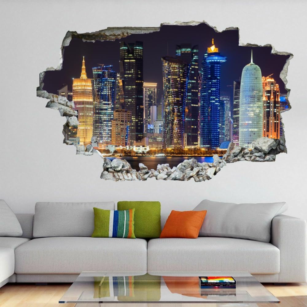 Tatuajes De Pared Wall Tattoo 3D Smashed Edificio De La Ciudad Adhesivo De Pared Extraíble Calcomanías Murales Para Habitaciones Paisaje Nocturno Niñas Niños Dormitorio Mural Decoración Para El Hogar