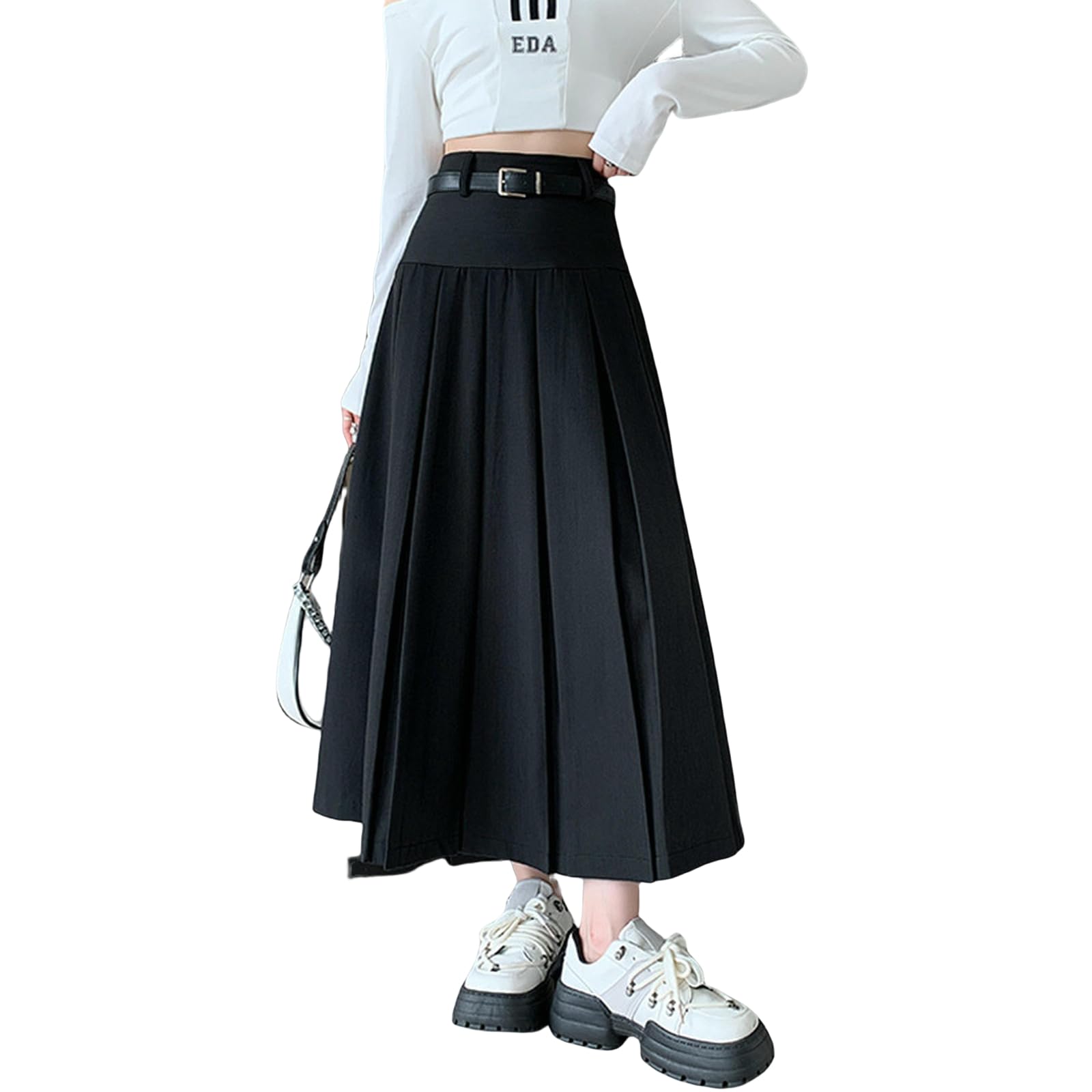 Rock Praller Midirock Für Damen Im Herbst Winter Mit Gürtel, Hohe Taille, A-Linie, Vielseitig-schwarz-s