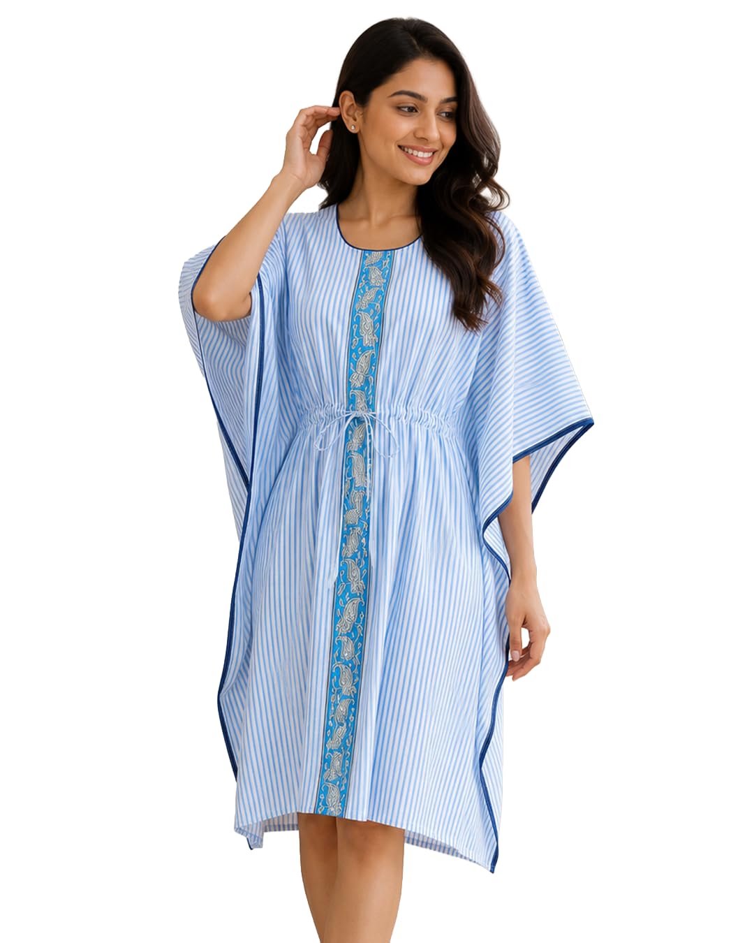 Sky Breeze Striped Cotton Kaftan Dress for Women | Relaxed Fit Drawstring Maxi Lounge Dress | Lightweight Blue & White Cotton Resort Wear Kaftan by Yukti-image-33