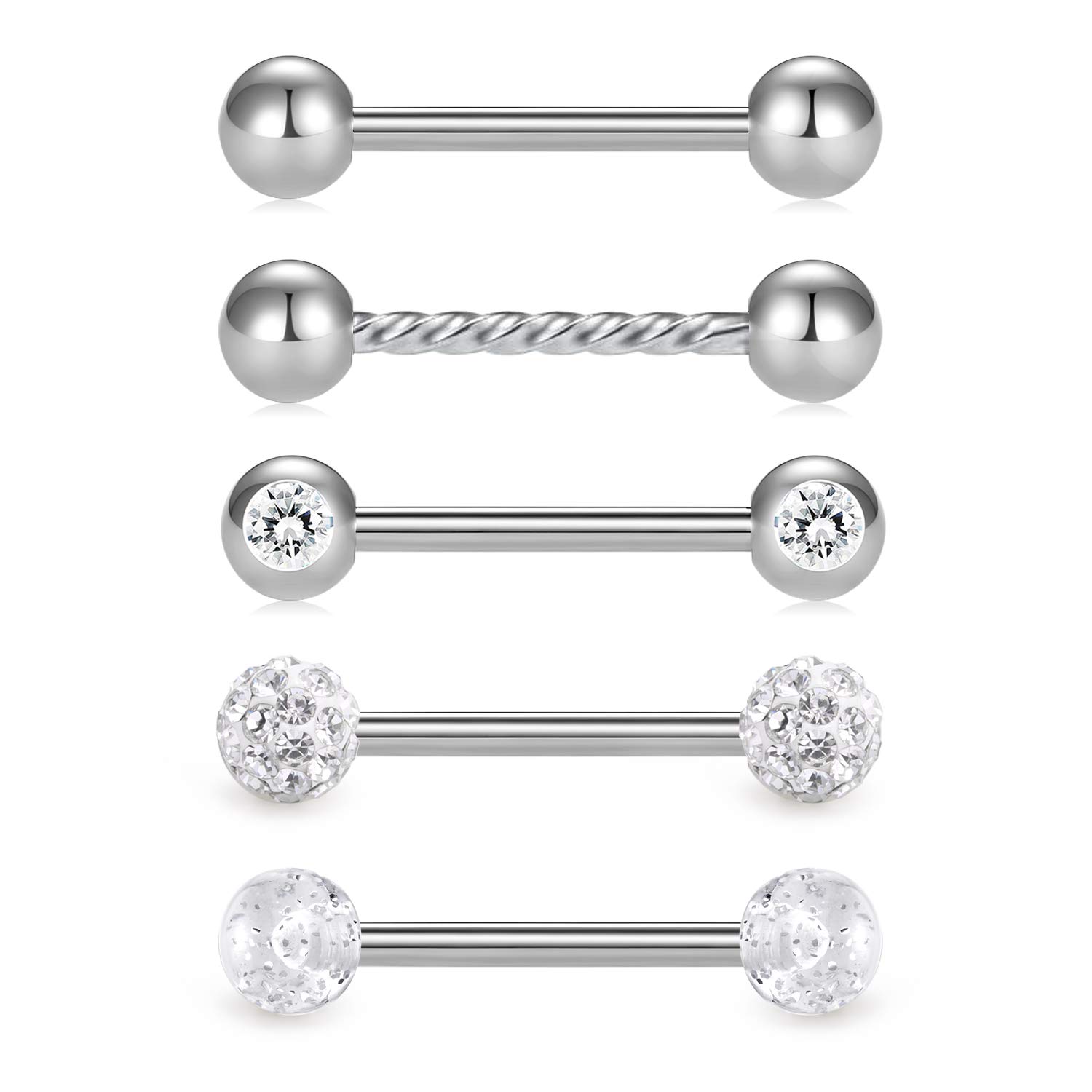 Crdifu5 unids Acero Inoxidable 14 Gauge Lengua Pezón Anillo Piercing Barbell Set 14mm Bar Cuerpo Joyería