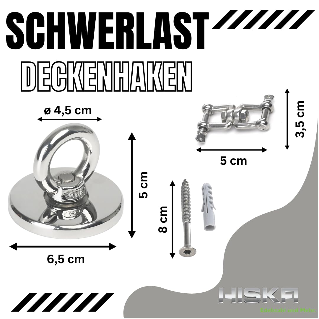 HISKA Hak sufitowy ze stali nierdzewnej, polerowany na lustro, hak do huśtawki, uchwyt sufitowy, fotel wiszący, hak do dużych obciążeń, huśtawka wahadłowa (zestaw klejowy + krętlik 360° + lina)