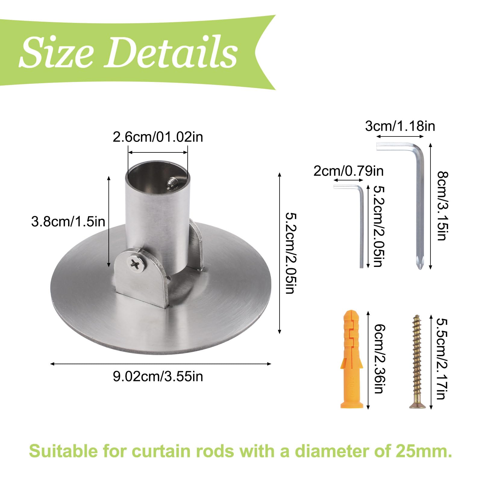 Lot de 2 supports de tringle à rideau de douche, 26 mm de diamètre intérieur en acier titane, avec bride pivotante unique, support mural avec vis (argenté)